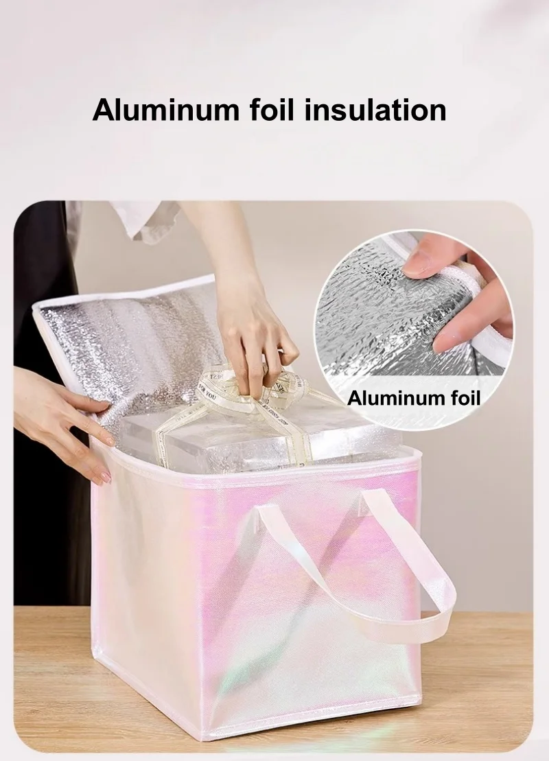 5pcs Laser Color Non-Woven Insulated Tote Bags – Portable Reusable Fabric Pouches for Cake, Food, Drinks, and Snacks, Thermal Carrier Keeps Hot or Cold, Perfect for Delivery, Picnic, Grocery, Work, School 4