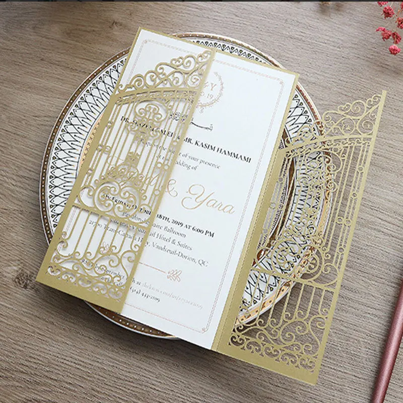 50PCS Laser Cut Wedding Gate Invitations – Elegant Pink and Gold Engagement Greeting Cards with Customizable Printing, Perfect for Bridal Shower, Anniversary, Birthday, Banquet, and Party Supplies - 图片 13