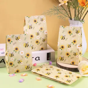 10/20PCS Yellow Bee Gift Bags – Cute Bee and Sunflower Print Paper Bags for Birthday Parties, Summer Parties, Candy Bags, Kid Gifts, and Party Packing Supplies