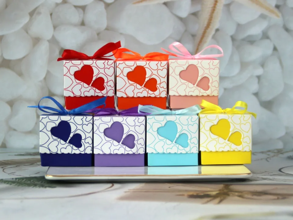 50Pcs Double Love Heart Candy Gift Boxes with Ribbon Wedding Favor Boxes Party Packaging Bags for Chocolate Cookies Small Gifts Birthday Baby Shower Anniversary Engagement Decoration Supplies