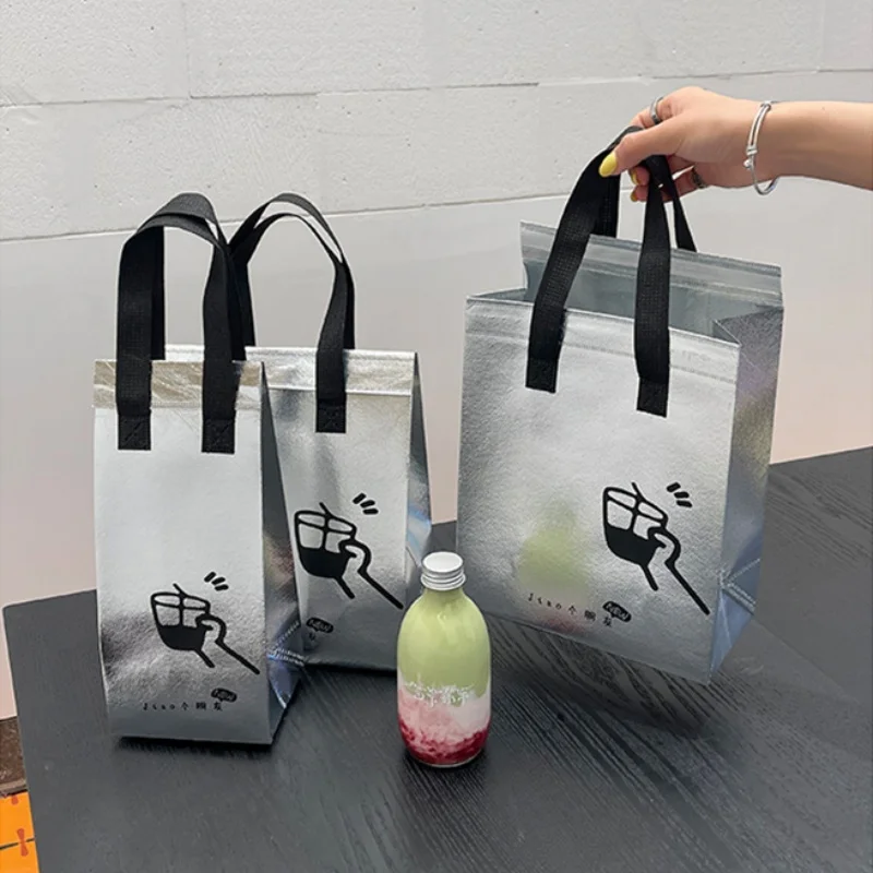 10pcs Silver Non-Woven Insulated Tote Bags, Reusable Fabric Pouches for Bread, Drinks, Food, Lunch, Grocery, Delivery, Picnic, Thermal Storage, Keep Warm or Cold, Eco-Friendly Durable Carrier - 图片 2
