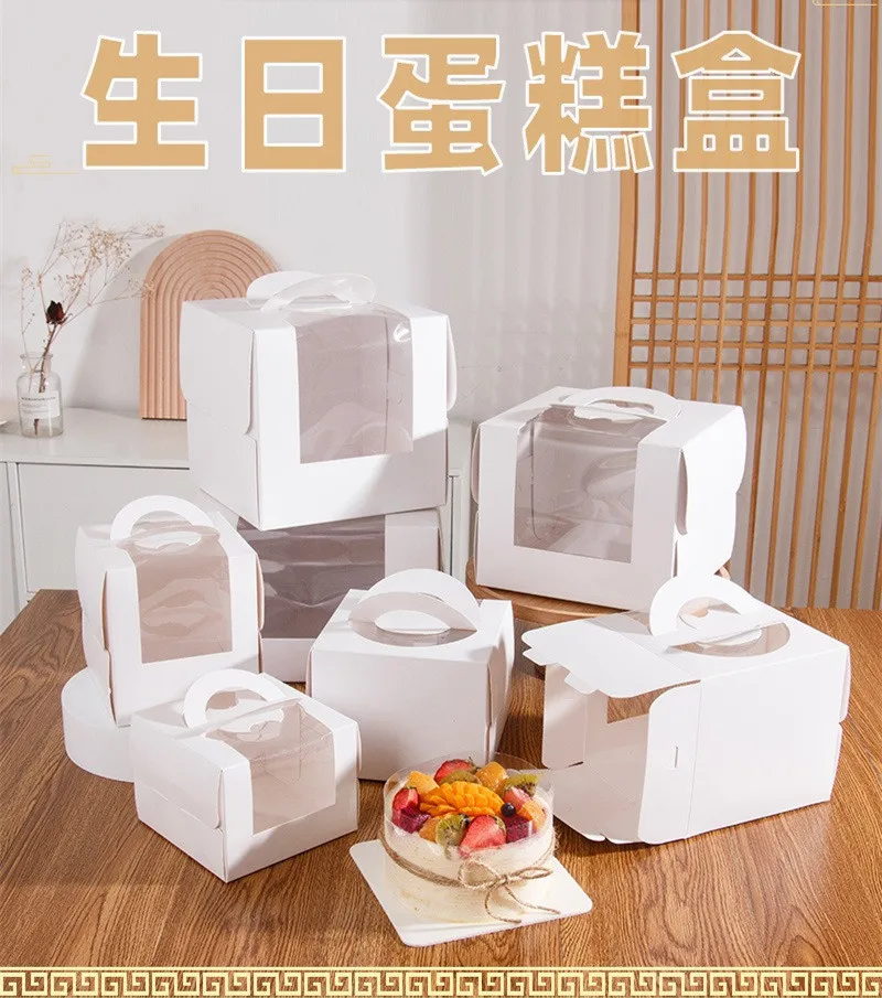5Pcs White Paper Cake Boxes with Clear Window, Portable 3/4/6/8/10 Inch Dessert Packaging Containers for Birthday Wedding Party DIY Cake Presentation Supplies