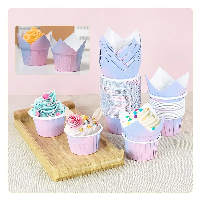 Gradient Color Cupcake Wrapper Baking Cups Grease-Proof Muffin Liners Containers High-Temperature Oven Safe Cupcake Holders Creative Dessert Wrappers for Parties and Baking