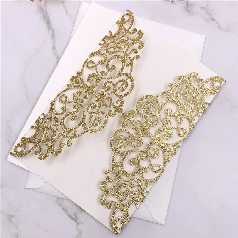 10PCS Laser Cut Blue Glitter Wedding Invitations with Ribbon – Elegant Gold Glitter Greeting Cards for XV Birthday, Bridal Shower, Engagement, Anniversary, or Party Decoration Supplies