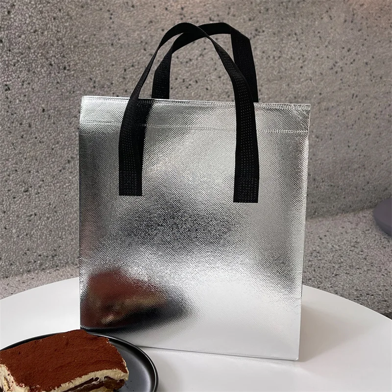 10pcs Grey/Silver Non-Woven Insulated Tote Bags – Portable Reusable Fabric Pouches for Food, Snacks, and Beverages, Thermal Carrier Keeps Hot or Cold, Perfect for Delivery, Picnic, Grocery, Work, School - 图片 8
