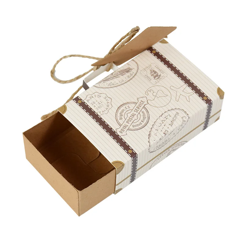 10P Mini Suitcase Candy Boxes with Rope Travel Theme Stamp Decor Kraft Paper Drawable Boxes for Wedding Birthday Gift Packaging DIY Party Favor Travel-Themed Supplies - 图片 6
