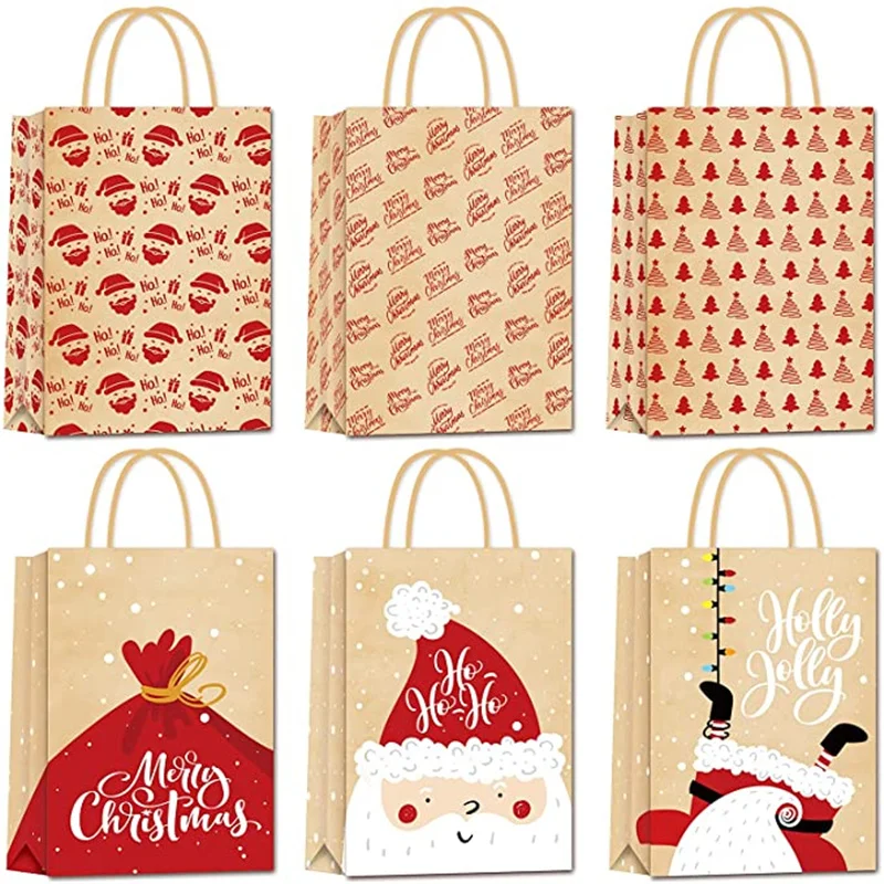 5pcs Christmas Kraft Paper Gift Bags with Handle – 120gsm Thick Paper Holiday Tote Bag for Candy, Cookies & Gifts, Durable Xmas Packaging for Parties, Weddings, Trees, New Year Decorations & Storage