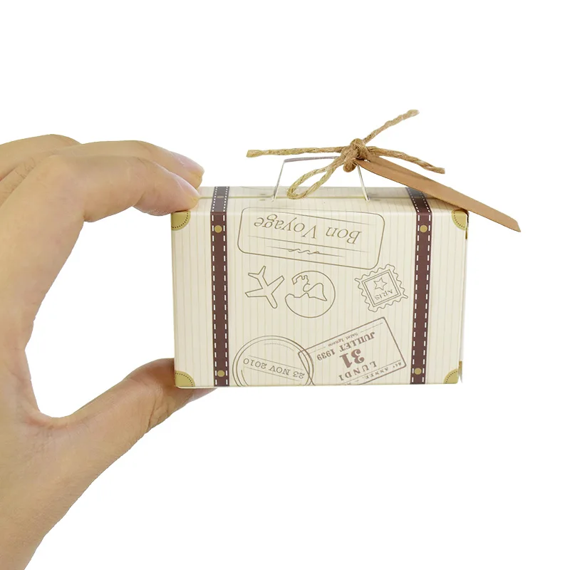 10P Mini Suitcase Candy Boxes with Rope Travel Theme Stamp Decor Kraft Paper Drawable Boxes for Wedding Birthday Gift Packaging DIY Party Favor Travel-Themed Supplies