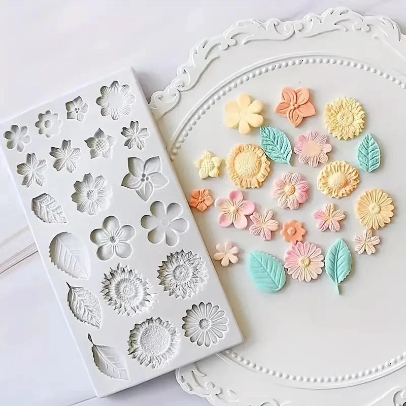 1pc Fondant Chocolate Silicone Mold with Rose, Leaf, Sunflower, and Small Daisy Flower Shapes, Non-Stick Flexible Baking Mould for DIY Candy, Cupcake, Jelly, Resin, Cake Decorating, and Sugarcraft Tools 1pc Fondant Chocolate Silicone Mold with Rose, Leaf, Sunflower, and Small Daisy Flower Shapes, Non-Stick Flexible Baking Mould for DIY Candy, Cupcake, Jelly, Resin, Cake Decorating, and Sugarcraft Tools