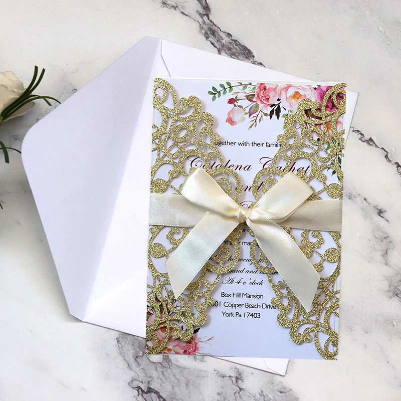 10PCS Laser Cut Blue Glitter Wedding Invitations with Ribbon – Elegant Gold Glitter Greeting Cards for XV Birthday, Bridal Shower, Engagement, Anniversary, or Party Decoration Supplies