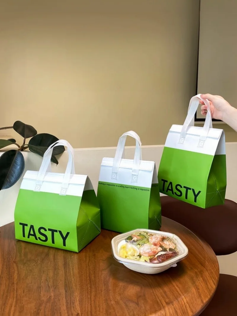 10pcs Green Non-Woven Insulated Tote Bags – Portable Reusable Pouches for Food, Drinks, Cake, and Snacks, Thermal Carrier Keeps Hot or Cold, Ideal for Delivery, Picnic, Grocery, Work, School 1