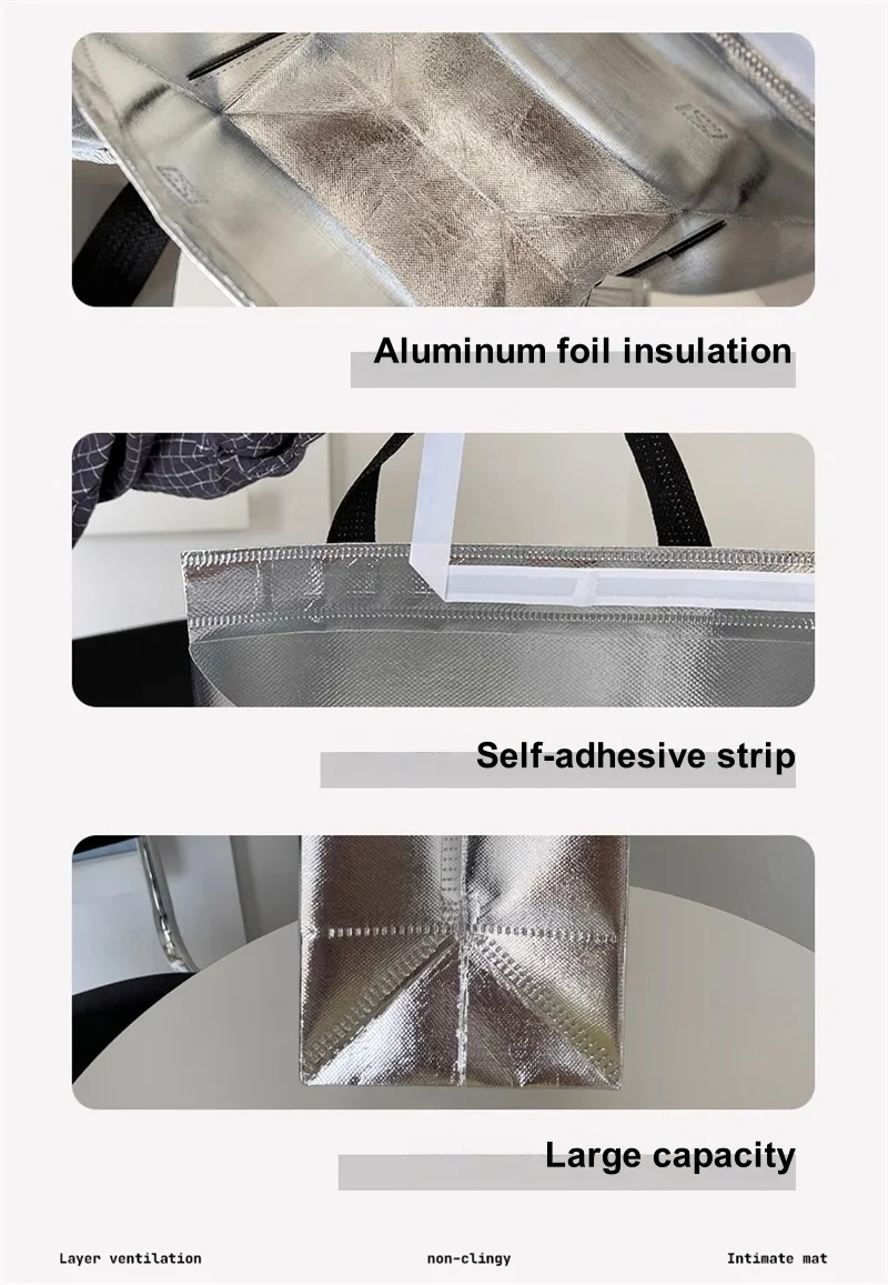 10pcs Grey/Silver Non-Woven Insulated Tote Bags – Portable Reusable Fabric Pouches for Food, Snacks, and Beverages, Thermal Carrier Keeps Hot or Cold, Perfect for Delivery, Picnic, Grocery, Work, School 7