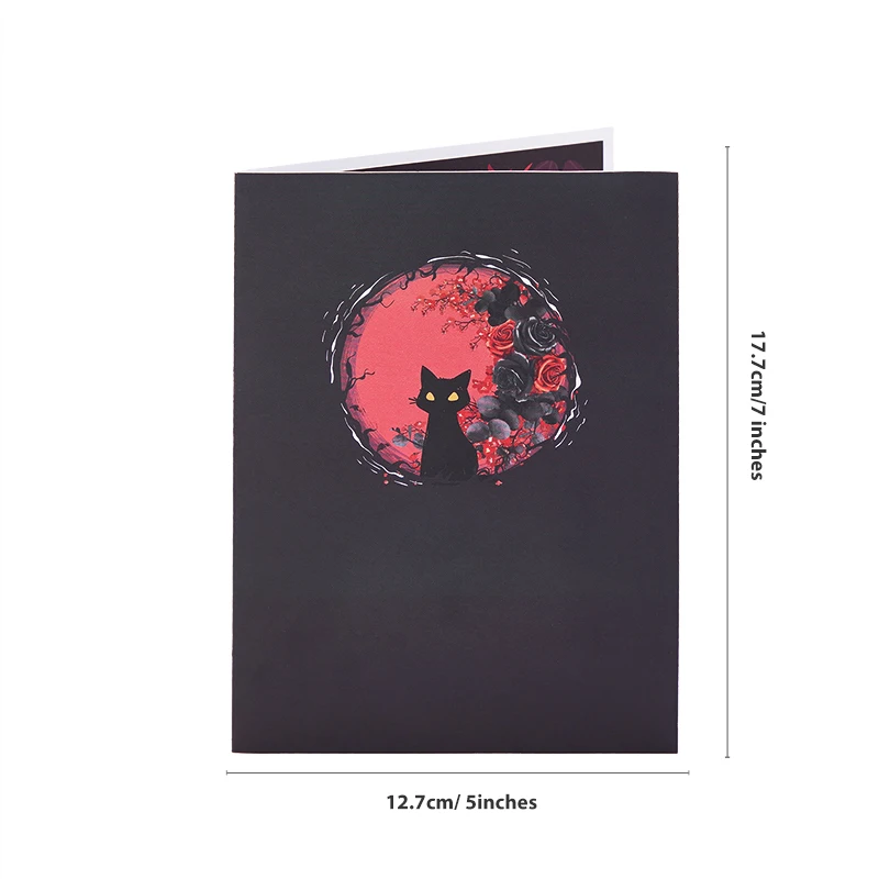 Exquisite Crescent-Shaped 3D Pop-Up Greeting Card – Elegant Black & Red Rose with Cat Design, Creative Birthday Gifts, Unique Handmade Card for Friends, Family, Lovers & Special Celebrations - 图片 2