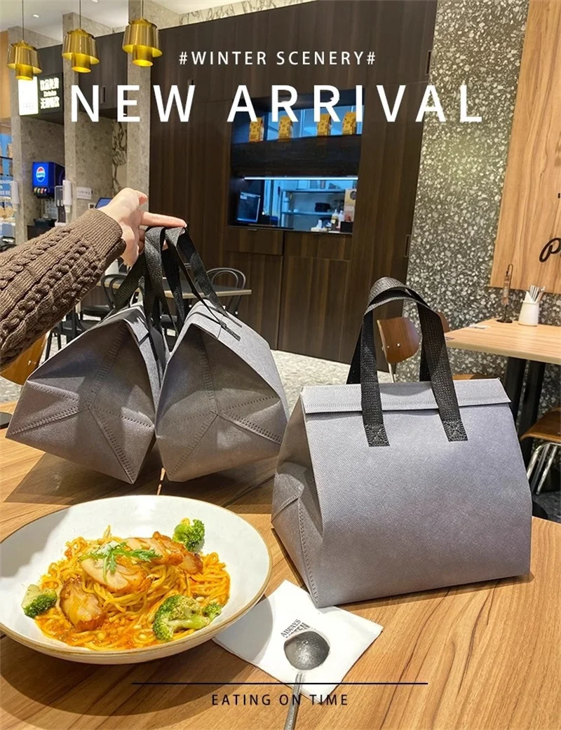 10pcs Grey Non-Woven Insulated Tote Bags – Reusable Portable Pouches for Bread, Food, Bakery, Snacks, Hot or Cold Meals, Delivery, Grocery, Picnic, Thermal Storage Carrier for Work, School, Travel 1