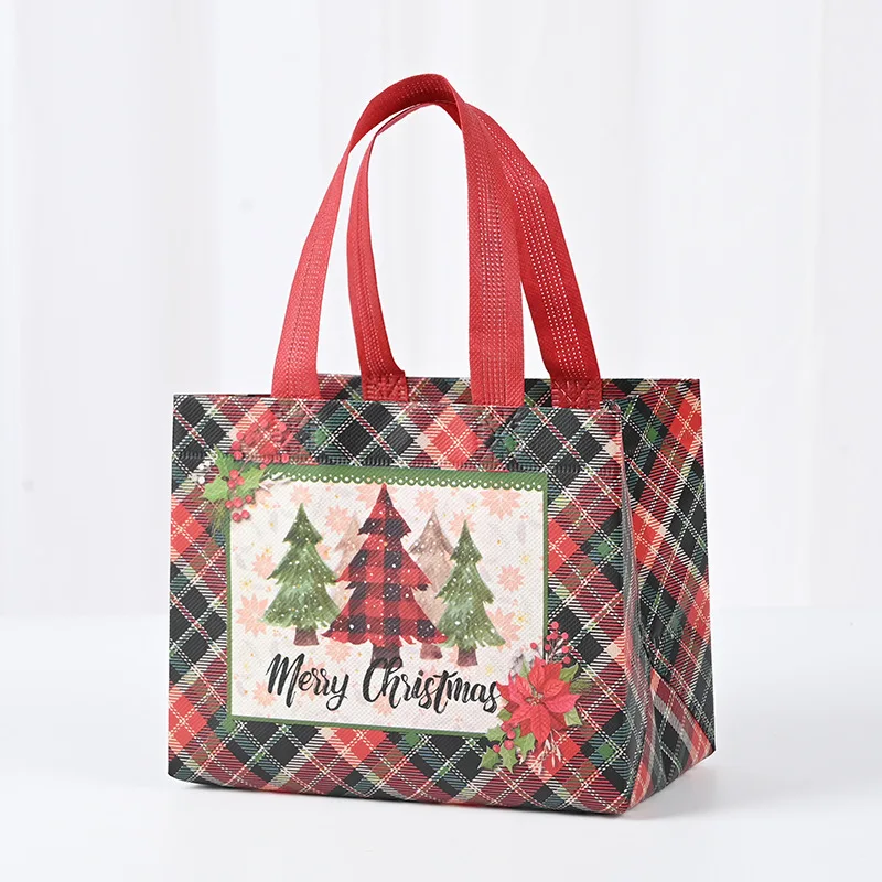 New Plaid Christmas Candy Gift Bags | Cute Santa Claus & Snowman Pattern Non-Woven Handbag | Waterproof Reusable Holiday Gift Packaging Tote for Xmas Party Supplies Decorations 8