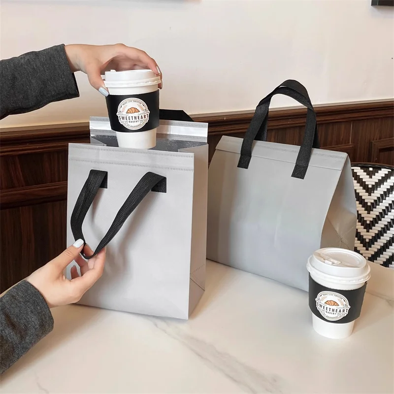 10pcs Grey Non-Woven Insulated Tote Bags – Portable Reusable Fabric Pouches for Food, Drinks, Snacks, and Meals, Thermal Carrier Keeps Hot or Cold, Ideal for Delivery, Picnic, Grocery, Work, School - 图片 4