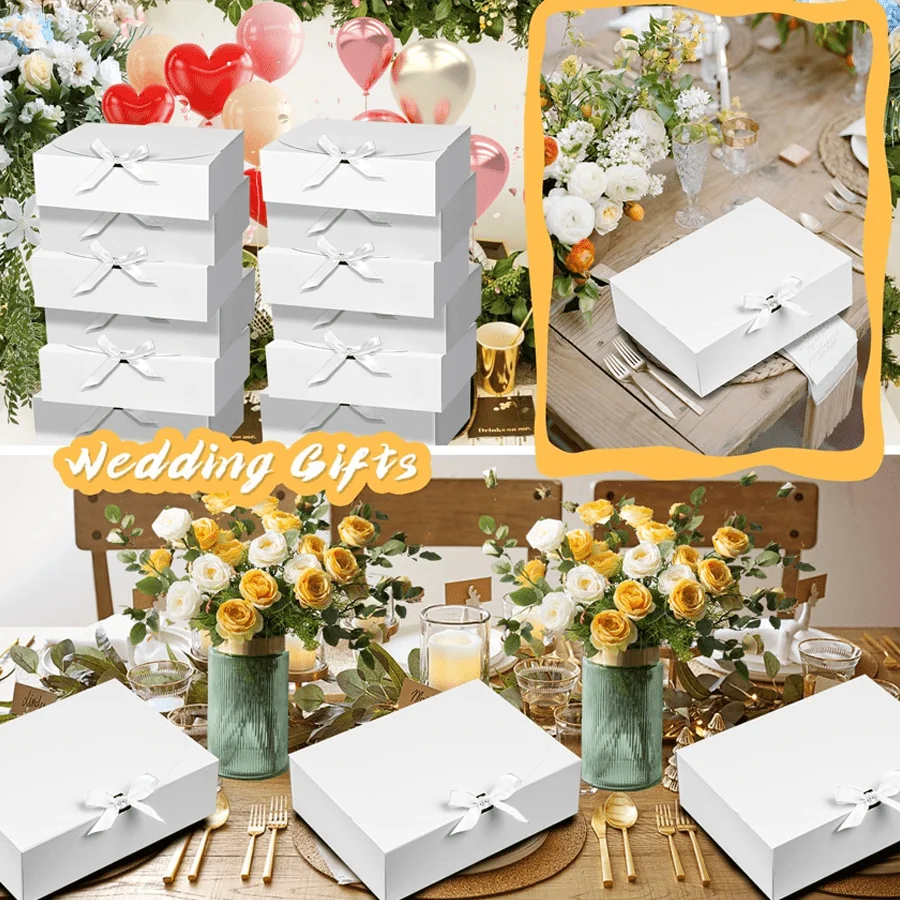 10 PCS Gift Boxes with Lids, 27208cm White & Black Paper Gift Boxes with Ribbon, Luxury Bridesmaid Proposal Boxes for Weddings, Birthdays, Special Occasions, Gift Wrapping Packaging 1