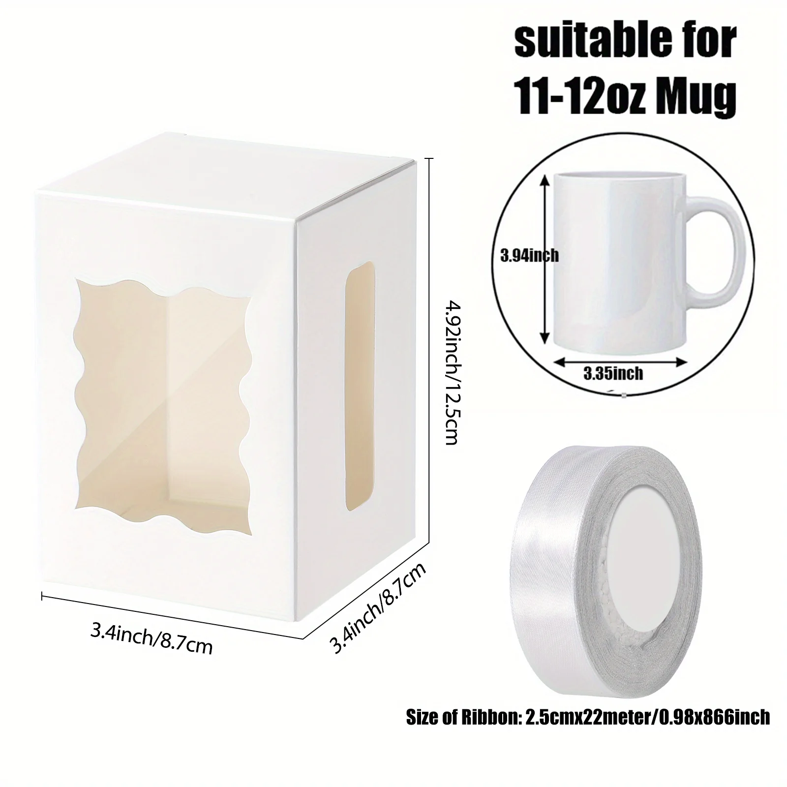 12PCS Mug Gift Boxes with 1 Roll Ribbon – Transparent Gift Packaging Box for Wrapping 11-12oz Sublimation Mugs, Mugs, and Wine Bottles, Ideal for Gifting and Customization