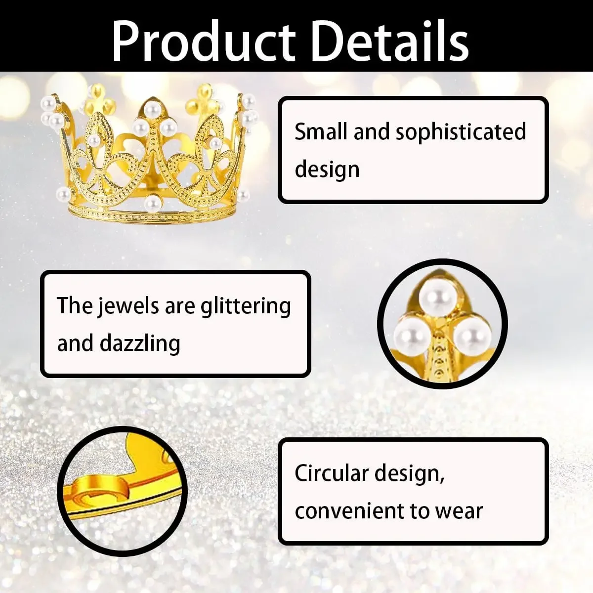 5/25Pcs Mini Golden Plastic Crowns for Craft Decoration, Cake Decor, Princess Queen Crown Party Supplies, Wedding Favor Accessories, Pearl Embellished Mini Crowns for Birthday, DIY and Event Decoration - 图片 3