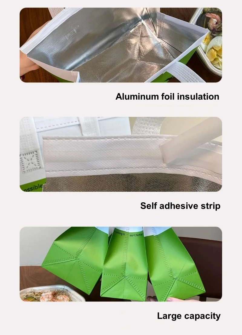 10pcs Green Non-Woven Insulated Tote Bags – Portable Reusable Pouches for Food, Drinks, Cake, and Snacks, Thermal Carrier Keeps Hot or Cold, Ideal for Delivery, Picnic, Grocery, Work, School 6