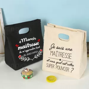 French Print Insulated Ice Cream Lunch Tote – Portable Canvas Bento Cooler Bag, Thermal Food Storage Handbag for School, Office, Teachers, Picnic, Travel, and Daily Meal Carrying