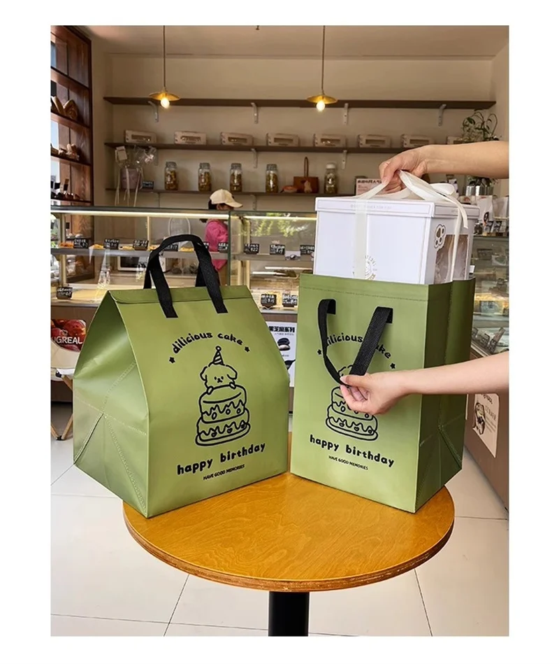 10pcs Green Insulated Tote Bags Non Woven Fabric Reusable Shopping Bags for Food Delivery Hot and Cold Storage, Cake and Baking Packaging, Lunch Grocery Carrier Eco Friendly Storage Pouches 8