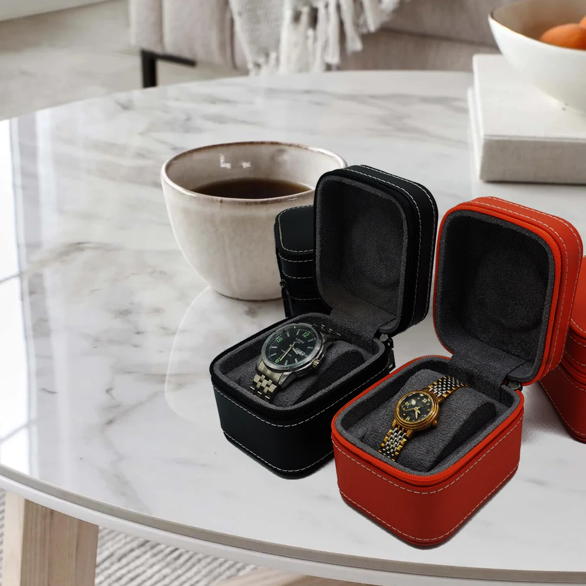 Travel Watch Case ⌚ Single Watch Travel Box – PU Leather Watch Carrying Case Organizer – Compact Storage Display Pouch for Men – Protective Jewelry Travel Case Black/Green/Orange 6