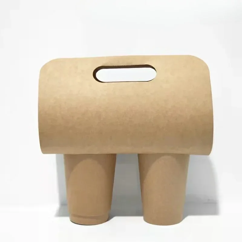 Kraft Paper Cup Holder White Disposable Milk Tea Takeout Anti-Spillage Single Double Hole Beverage Carrier Originality Portable Package for Coffee Tea Party Café Event Accessories - 图片 3
