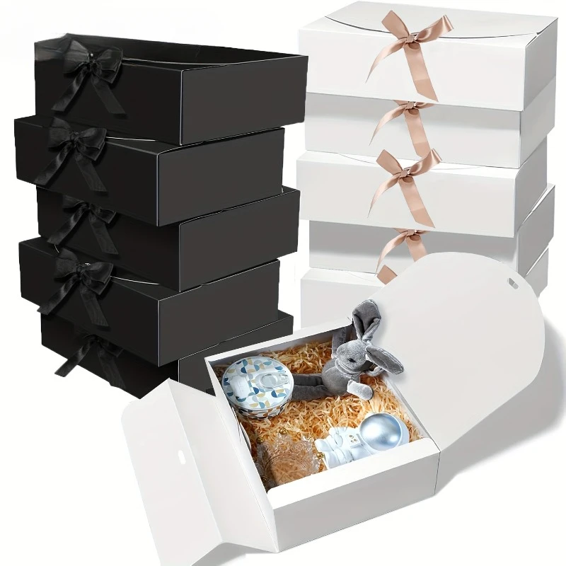 5Pcs Paper Gift Boxes with Lids, Foldable Bridesmaid Proposal Boxes with Ribbon, Elegant Wedding Gift Wrap Packaging Boxes for Presents, Birthday, Anniversary, and Holiday Party Supplies