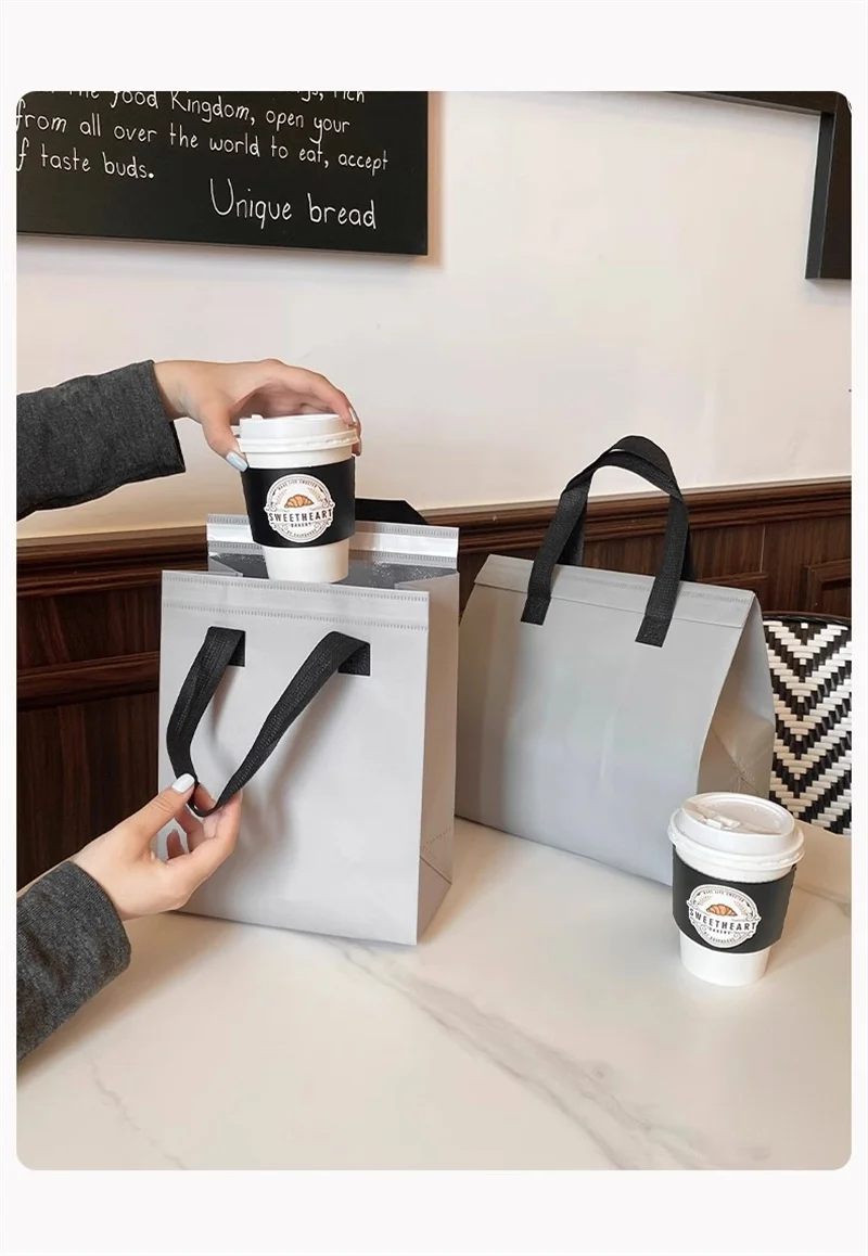 10pcs Grey Non-Woven Insulated Tote Bags – Portable Reusable Fabric Pouches for Food, Drinks, Snacks, and Meals, Thermal Carrier Keeps Hot or Cold, Ideal for Delivery, Picnic, Grocery, Work, School 9