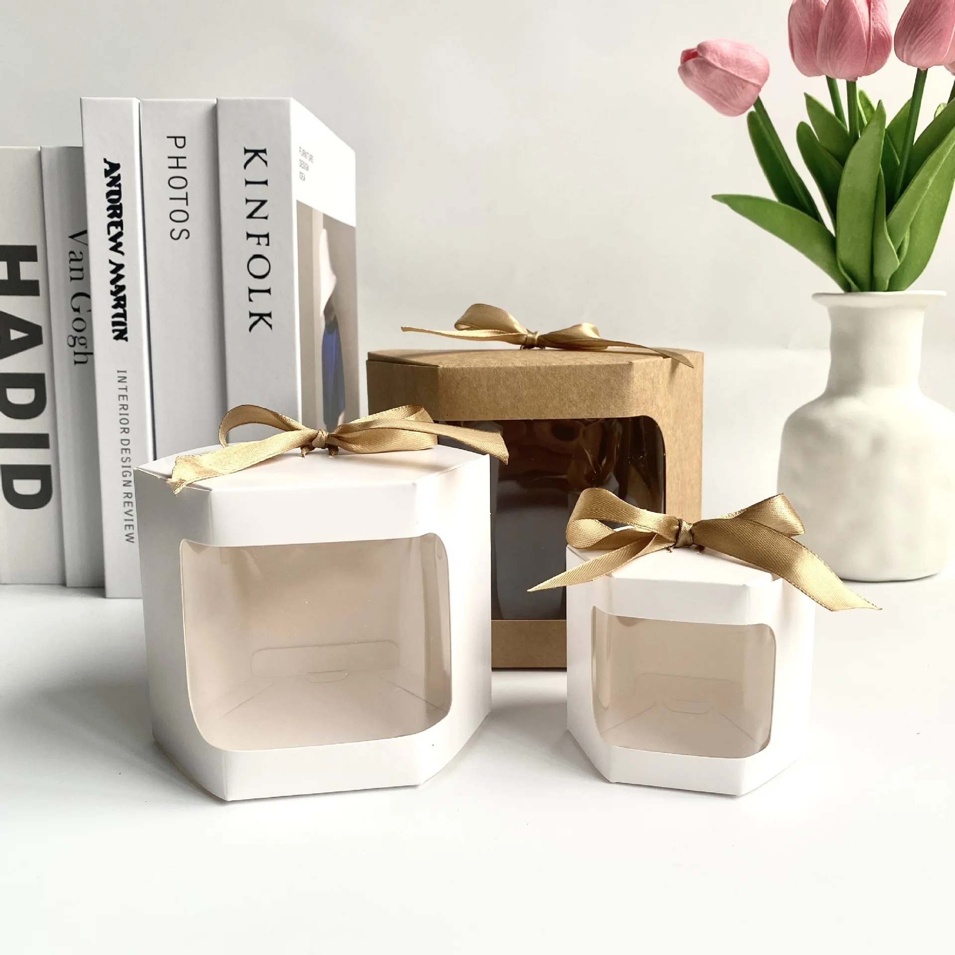 10/20/25Pcs Kraft Paper Open Window Gift Boxes for Baking Dessert Wedding Favor Candy Packaging Birthday Party Decoration Eco-Friendly Packaging Boxes with Transparent Window for Chocolate Cookies Treats - 图片 4