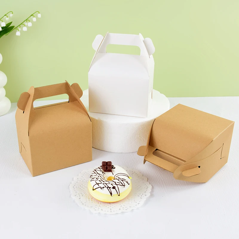 5/10Pcs Brown and White Kraft Paper Cake Boxes with Handle, Portable Gift Boxes for Cakes, Desserts, Mousse, Cupcakes, Birthday, Wedding, Party, Bakery Packaging, Pastries, DIY Gift Wrapping, Portable Cake Carrier 4