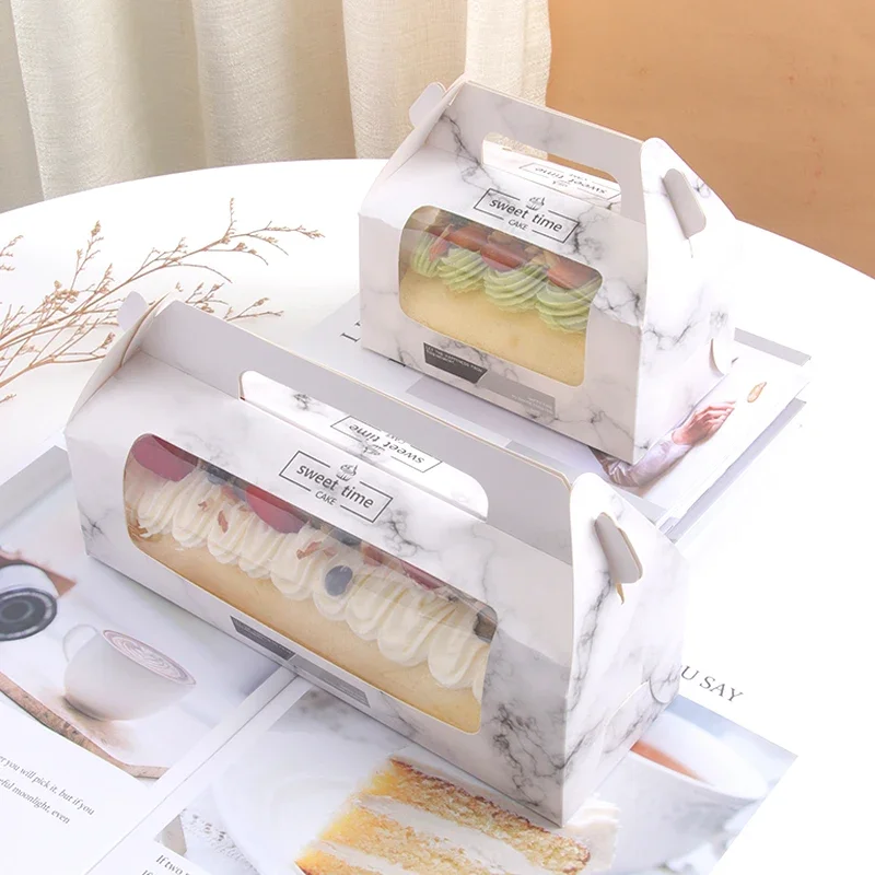 10/20 Sets White Handheld Transparent Cake Boxes, Paper & PET Long Fold Drawer Cake Roll, Dim Sum, Mousse Cake Packaging Box, Gift Packaging for Desserts and Pastries