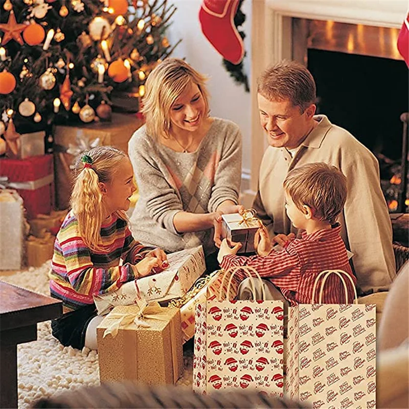 5pcs Christmas Kraft Paper Gift Bags with Handle – 120gsm Thick Paper Holiday Tote Bag for Candy, Cookies & Gifts, Durable Xmas Packaging for Parties, Weddings, Trees, New Year Decorations & Storage - 图片 4