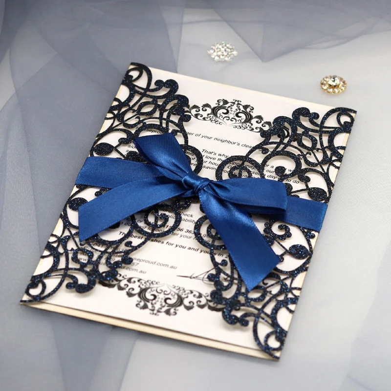 10PCS Laser Cut Blue Glitter Wedding Invitations with Ribbon – Elegant Gold Glitter Greeting Cards for XV Birthday, Bridal Shower, Engagement, Anniversary, or Party Decoration Supplies