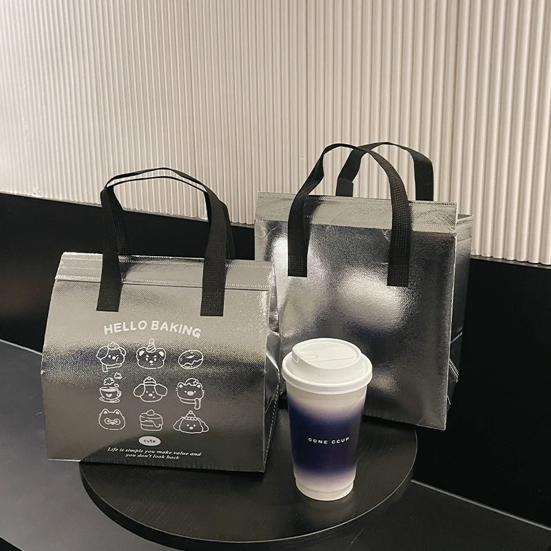 10pcs Grey/Silver Non-Woven Insulated Tote Bags – Portable Reusable Fabric Pouches for Food, Snacks, and Beverages, Thermal Carrier Keeps Hot or Cold, Perfect for Delivery, Picnic, Grocery, Work, School - 图片 9