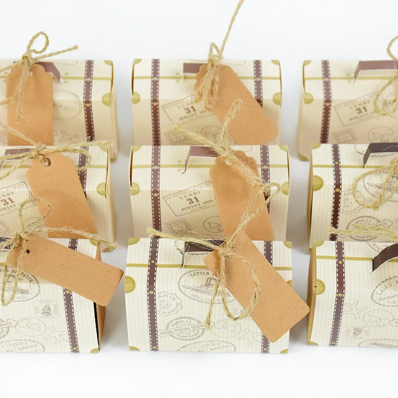 10P Mini Suitcase Candy Boxes with Rope Travel Theme Stamp Decor Kraft Paper Drawable Boxes for Wedding Birthday Gift Packaging DIY Party Favor Travel-Themed Supplies