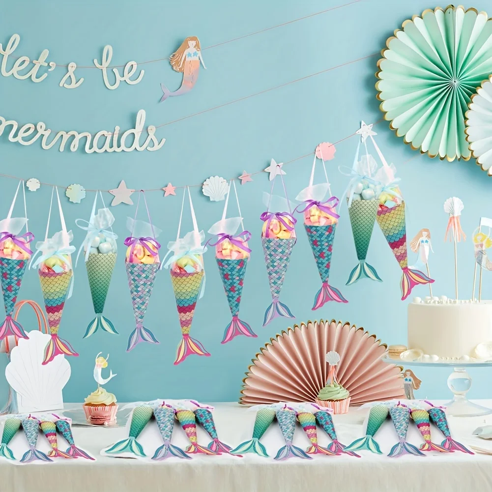 12Pcs Mermaid Paper Candy Gift Boxes with Invitation Card Gift Bags for Girls Birthday Party Treats Mermaid-Themed Party Favors Decorations DIY Candy Packaging Accessories Celebration Supplies