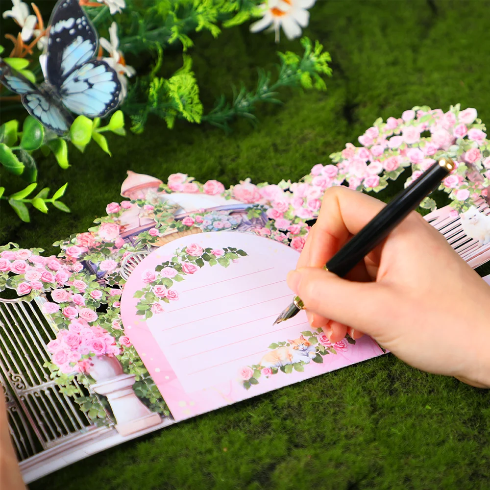 Pink Rose Garden Pop-Up Greeting Card – 3D Flower Birthday Anniversary Gift for Lover, Mom, Teacher or Friend, Spring Pop Up Card with Cozy Kitten Design, Romantic Keepsake for Special Celebrations