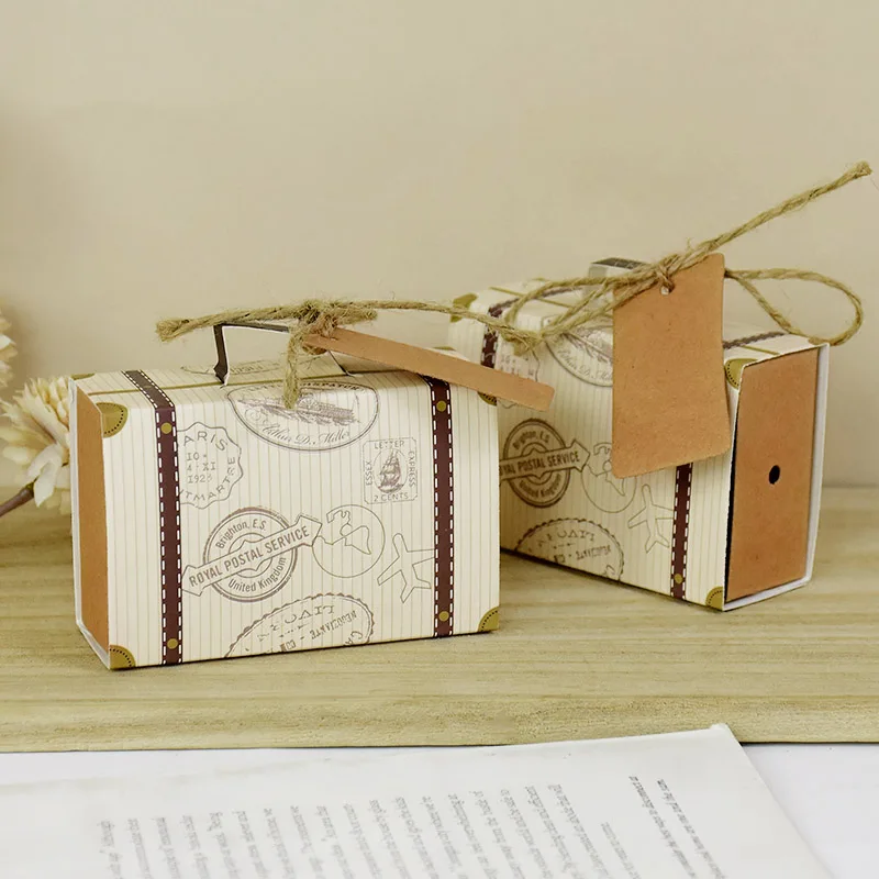 10P Mini Suitcase Candy Boxes with Rope Travel Theme Stamp Decor Kraft Paper Drawable Boxes for Wedding Birthday Gift Packaging DIY Party Favor Travel-Themed Supplies - 图片 2