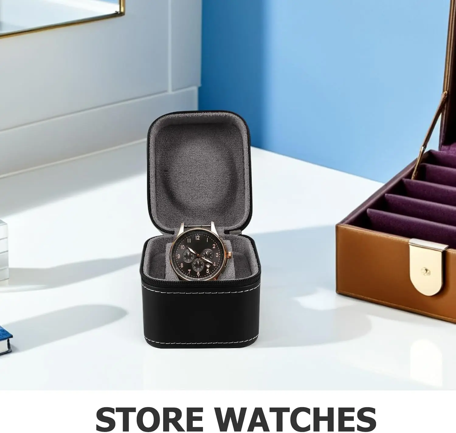 Travel Watch Case ⌚ Single Watch Travel Box – PU Leather Watch Carrying Case Organizer – Compact Storage Display Pouch for Men – Protective Jewelry Travel Case Black/Green/Orange - 图片 4