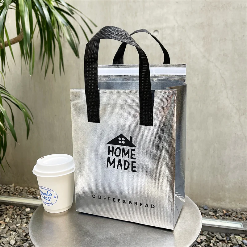 10pcs Silver Non-Woven Insulated Tote Bags, Reusable Fabric Pouches for Bread, Drinks, Food, Lunch, Grocery, Delivery, Picnic, Thermal Storage, Keep Warm or Cold, Eco-Friendly Durable Carrier - 图片 22