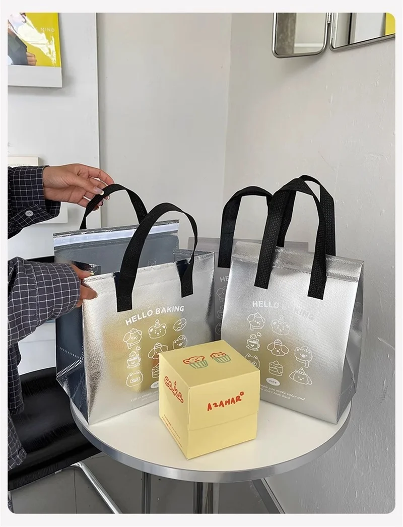 10pcs Grey/Silver Non-Woven Insulated Tote Bags – Portable Reusable Fabric Pouches for Food, Snacks, and Beverages, Thermal Carrier Keeps Hot or Cold, Perfect for Delivery, Picnic, Grocery, Work, School 8