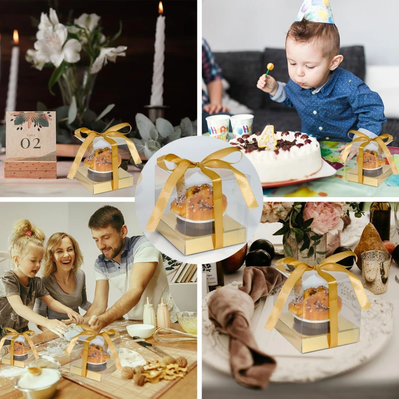 12Pcs PET Square Transparent Cupcake and Cake Boxes with Decorative Ribbons, Clear Plastic Dessert Containers for Wedding, Birthday, Party, Baking, Gift Packaging, and DIY Treat Presentation 8