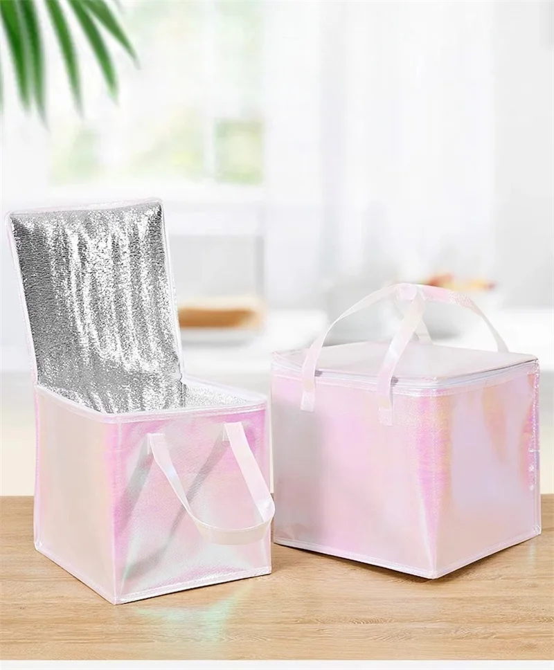 5pcs Laser Color Non-Woven Insulated Tote Bags – Portable Reusable Fabric Pouches for Cake, Food, Drinks, and Snacks, Thermal Carrier Keeps Hot or Cold, Perfect for Delivery, Picnic, Grocery, Work, School 1