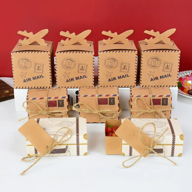 10P Mini Suitcase Candy Boxes with Rope Travel Theme Stamp Decor Kraft Paper Drawable Boxes for Wedding Birthday Gift Packaging DIY Party Favor Travel-Themed Supplies