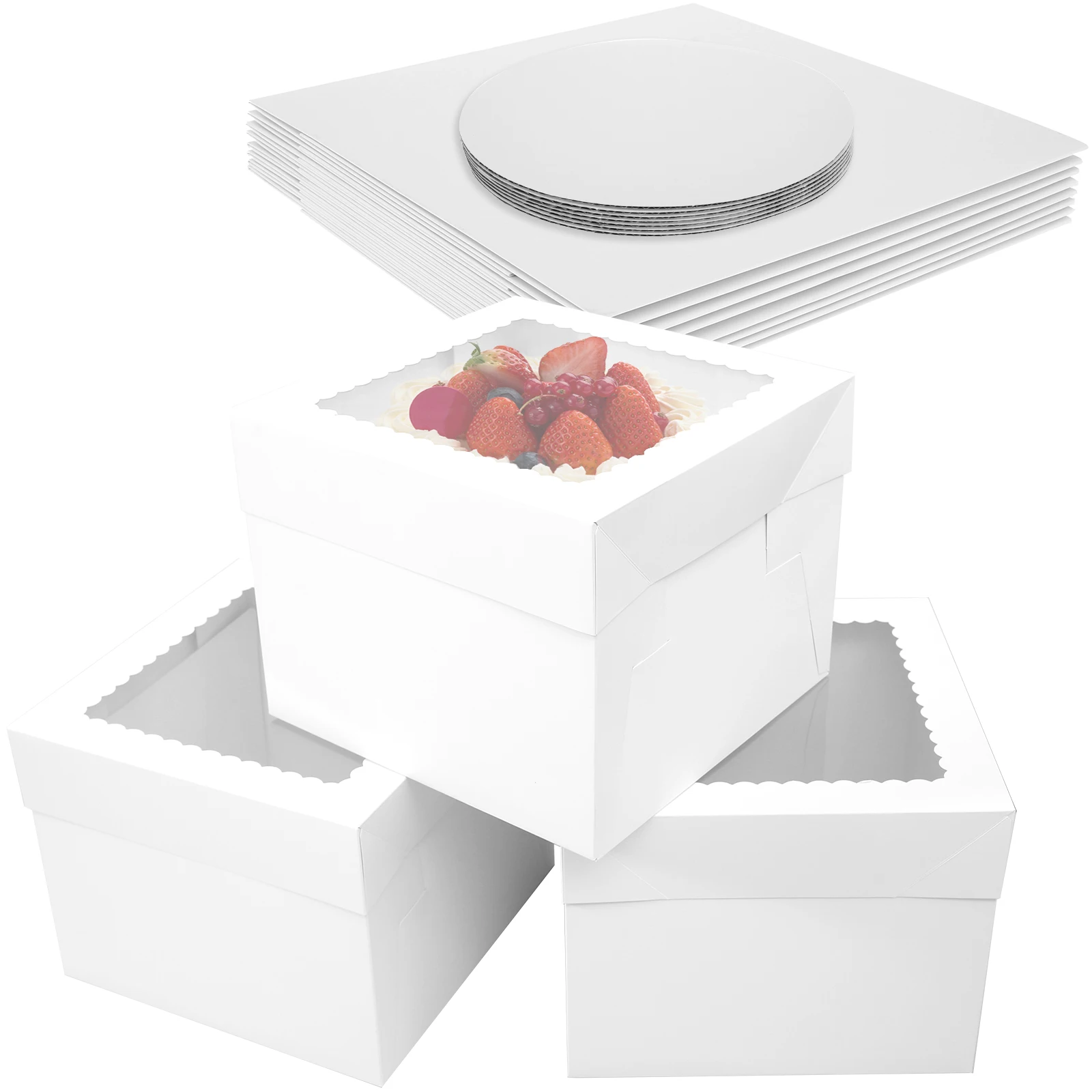 10Pcs Tall Cake Boxes with Cake Boards, 10 Inch White Tall Bakery Boxes with Clear Window, Large Cake Containers for Birthday Wedding Party Desserts, Multifunctional Durable Cake Packaging Supplies for Home and Professional Bakeries