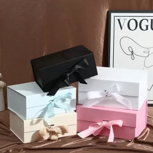 Customized Personalized Magnetic Flip Folding Ribbon Gift Box, Luxury Collapsible Cardboard Packaging for Shoes, Clothing, Jewelry, Festival, Wedding, Party, Memorial Gifts, Wholesale Premium Gift Box for Special Occasions