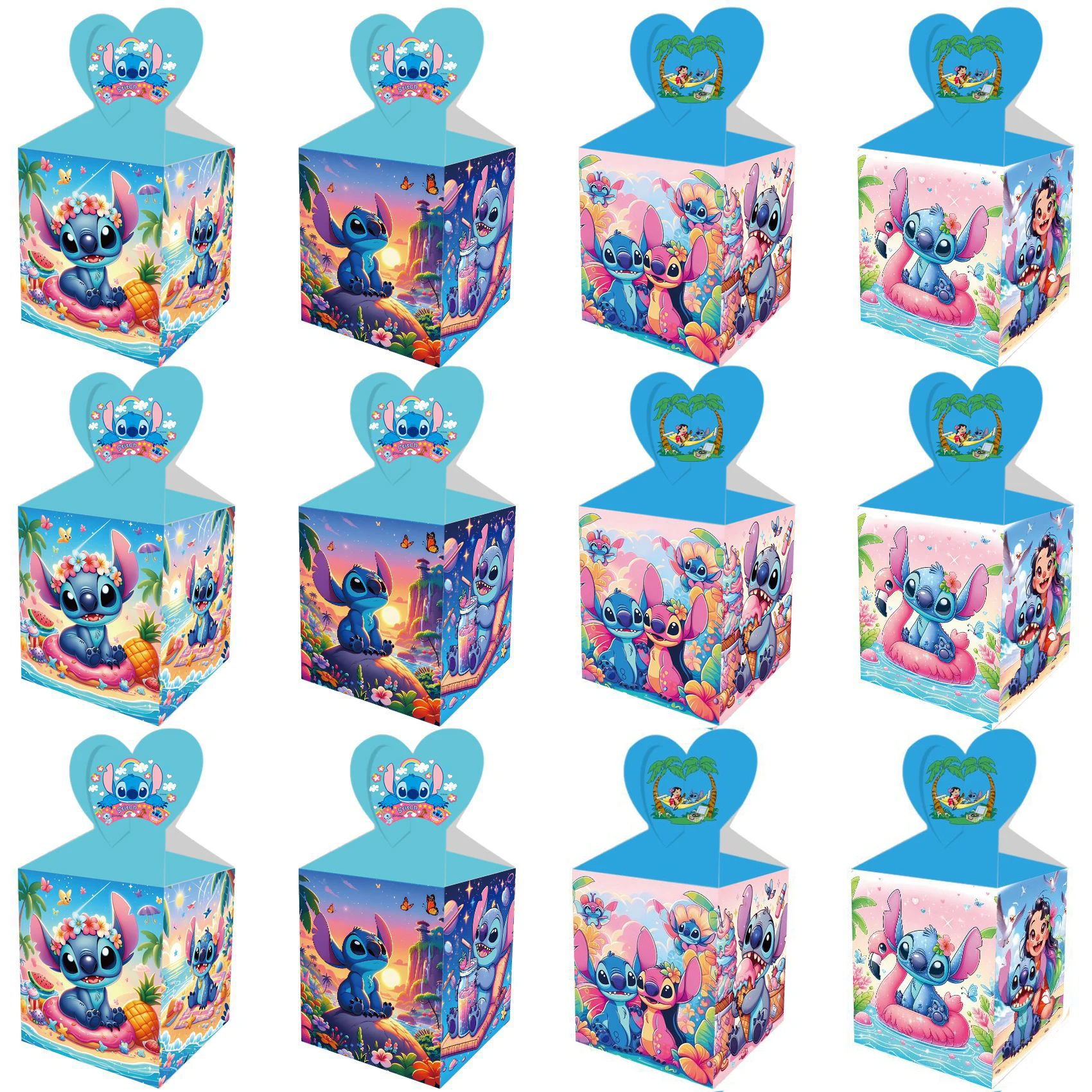 12Pcs Lilo & Stitch Pink Angel Candy Boxes Popcorn Box Cookies Chocolate Snack Boxes for Baptism Party Gift Bags Supplies Baby Shower Birthday Celebration Favors Decorative Packaging Accessories