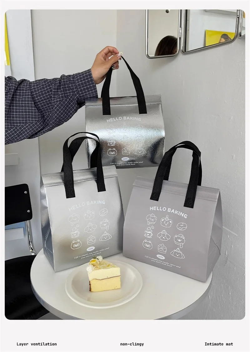 10pcs Grey/Silver Non-Woven Insulated Tote Bags – Portable Reusable Fabric Pouches for Food, Snacks, and Beverages, Thermal Carrier Keeps Hot or Cold, Perfect for Delivery, Picnic, Grocery, Work, School 11